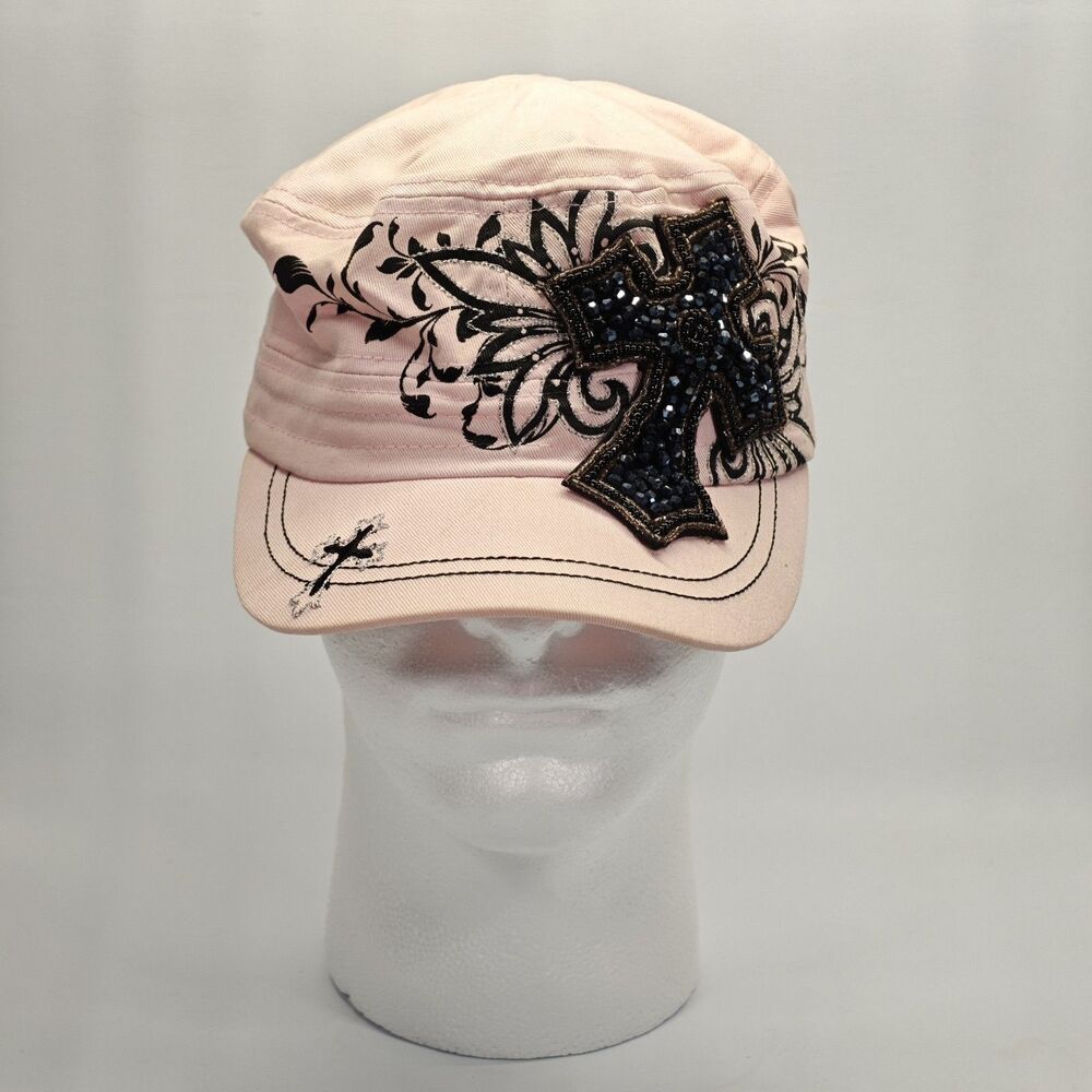 KBETHOS Pink Cadet Cap Y2K Rhinestone Beaded Cross Floral Adjustable Hat Women's